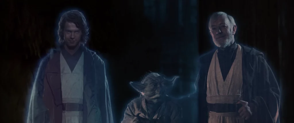 Los espíritus de Anakin, Yoda y Obi-Wan al final del Retorno del Jedi. 